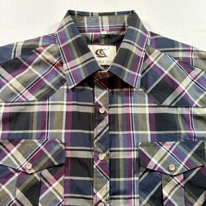 Coevals Club Western Shirt Mens Large Purple Plaid Pearl Snap Long Sleeve Cotton
